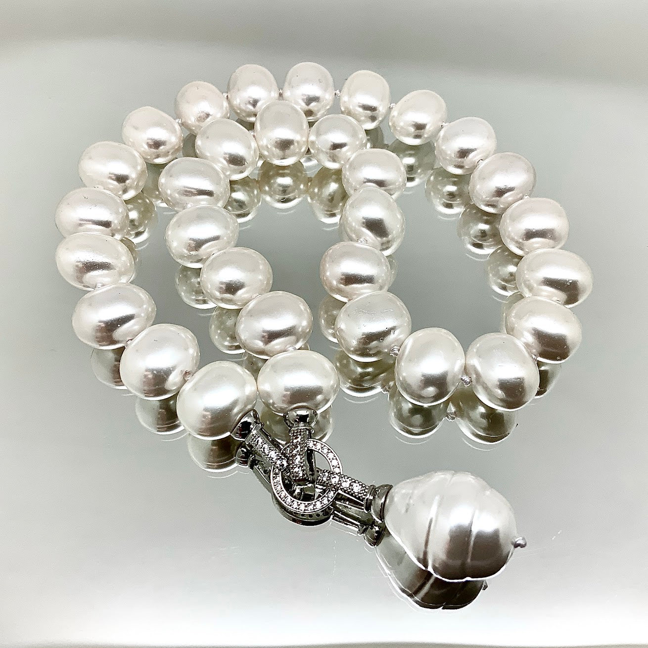 3 Way Glass Shell Pearl Evening Necklace with Premium Crystal Elements